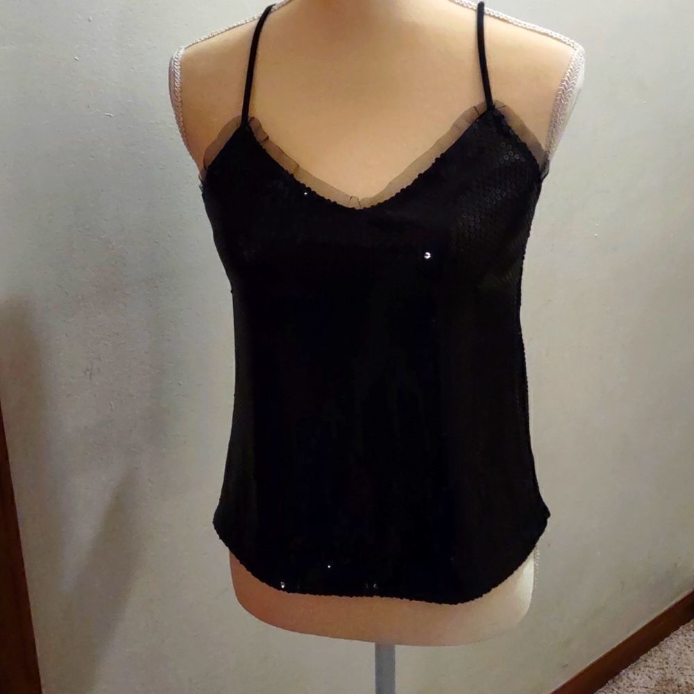 New Olsenboye Women's Size S lined black sequined camisole‎ tank spaghetti strap